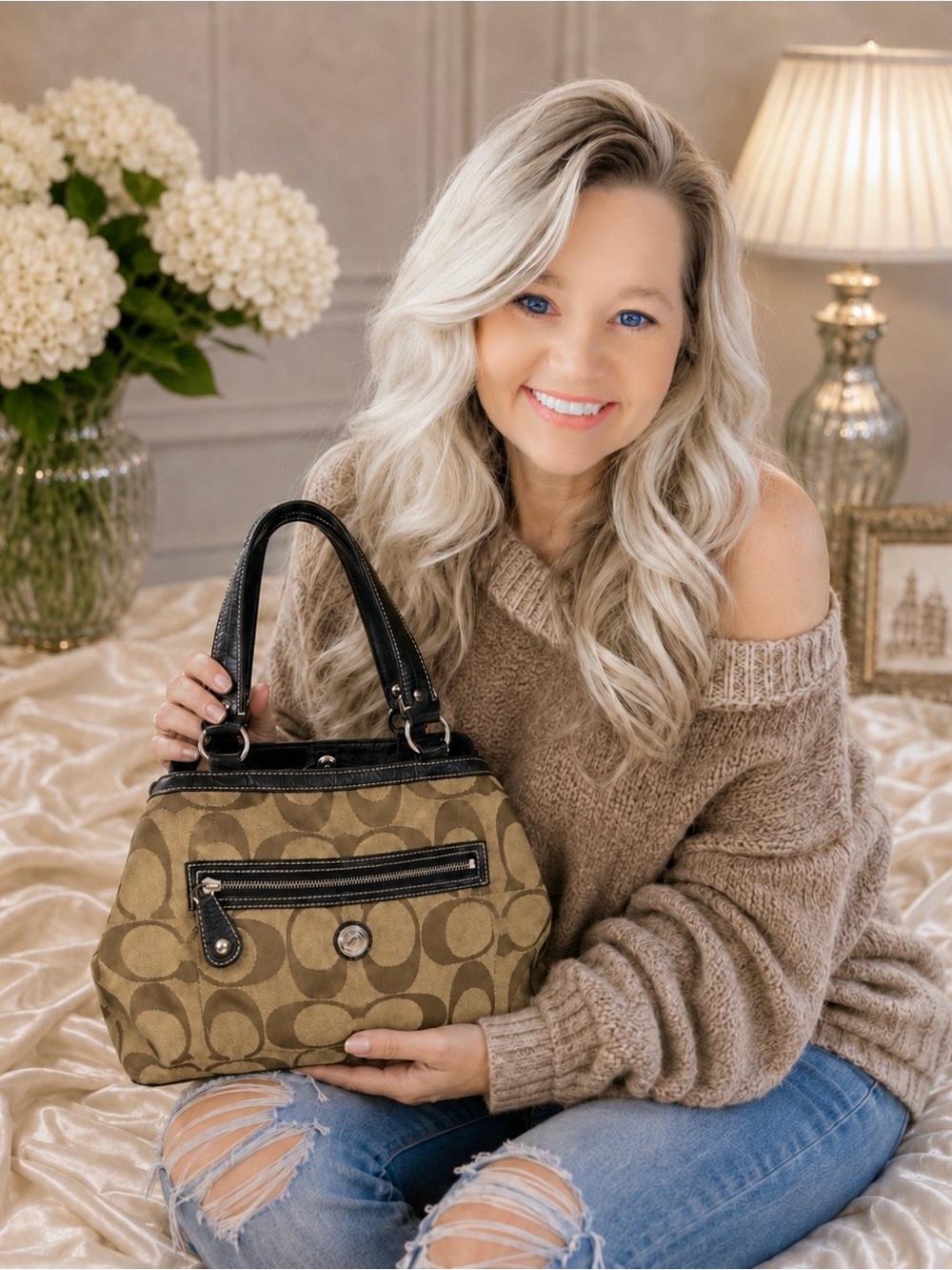 Coach Vintage Signature  Canvas Tote in Brown and Black trim with kiss lock